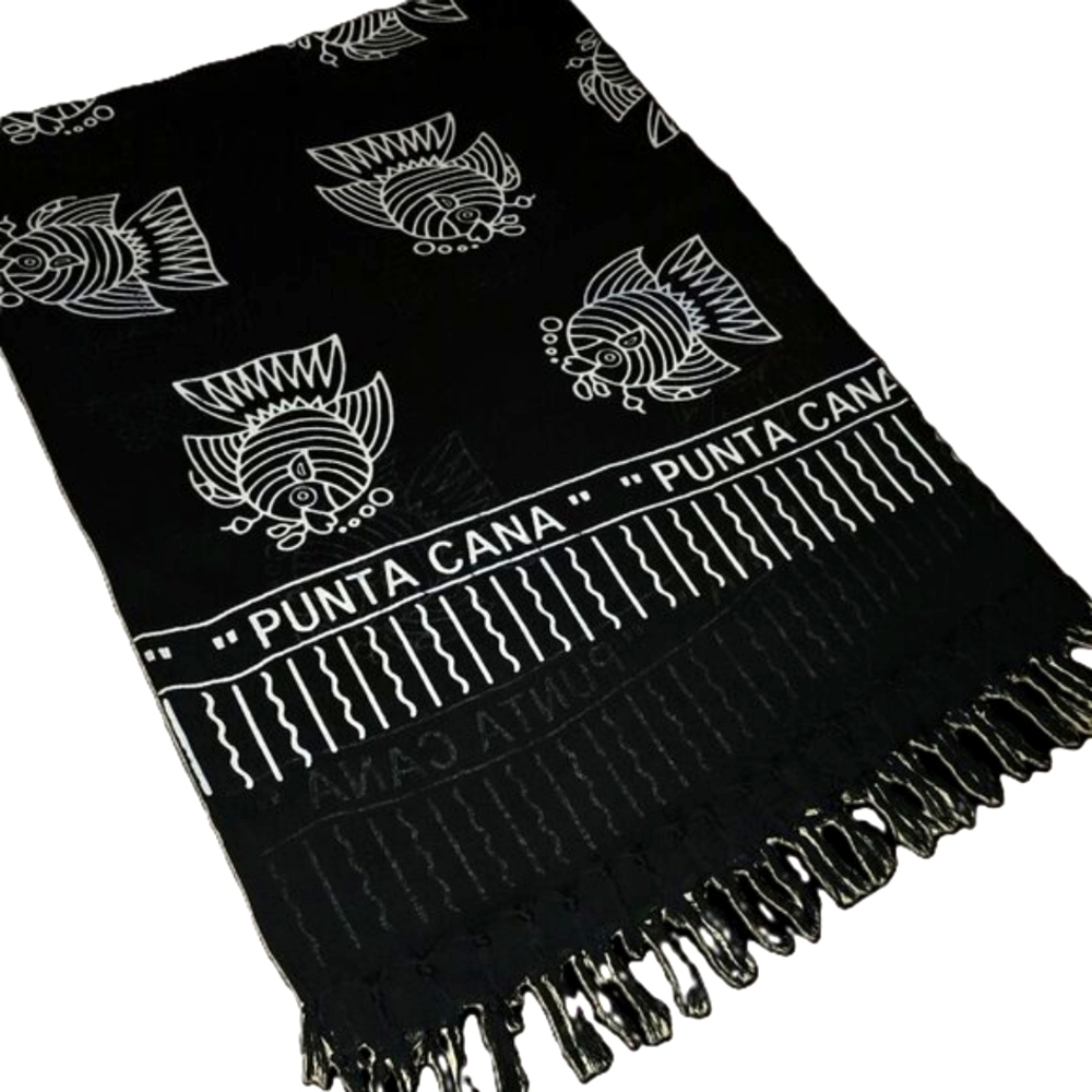 PUNTA CANA B&W WRAP with FISH MOTIF from DOMINICAN REPUBLIC--PERFECT BEACH VIBE